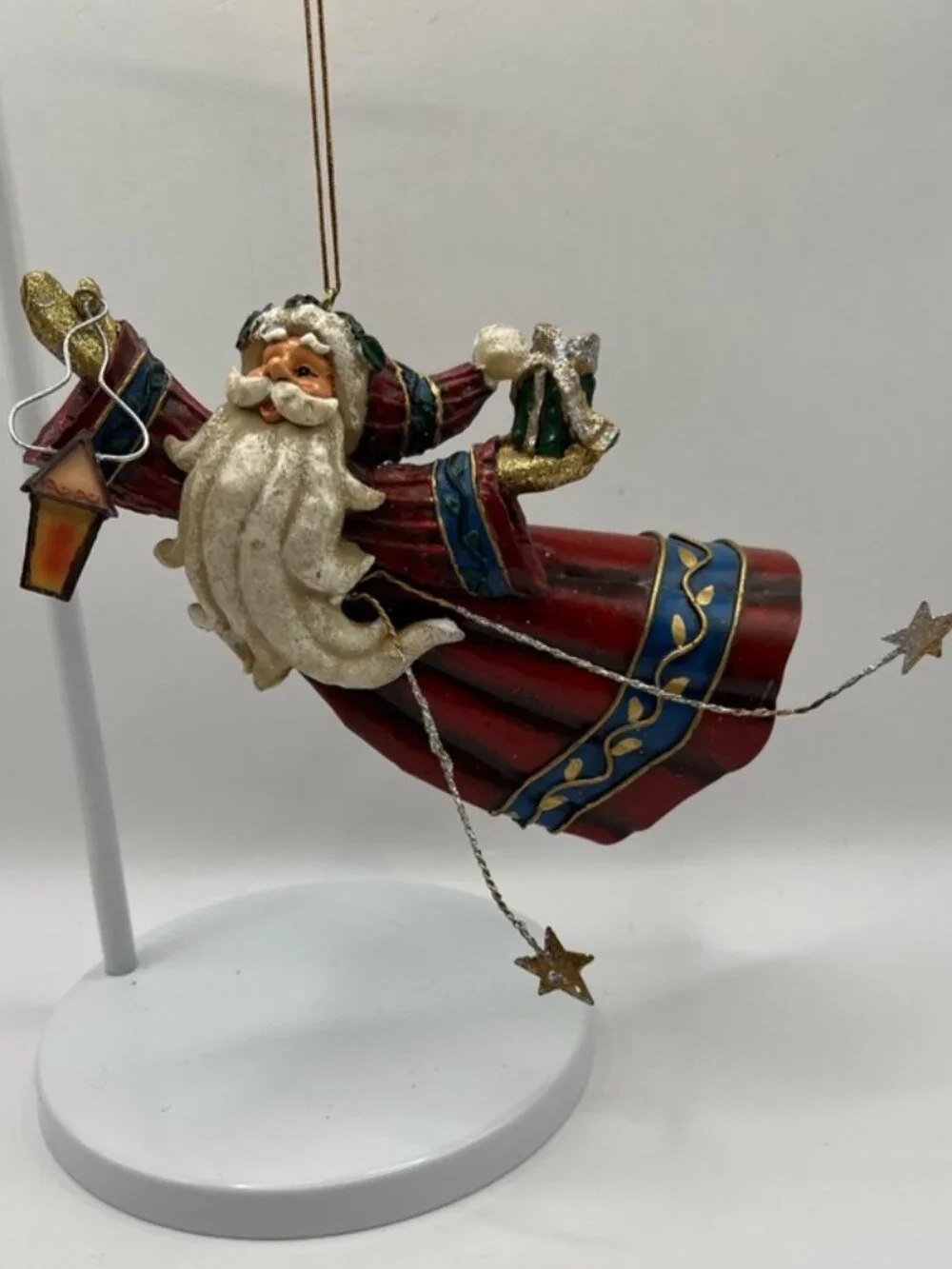 Vtg 3D Metal Santa Hanging Ornament Flying Old World Santa 7” Folk Art